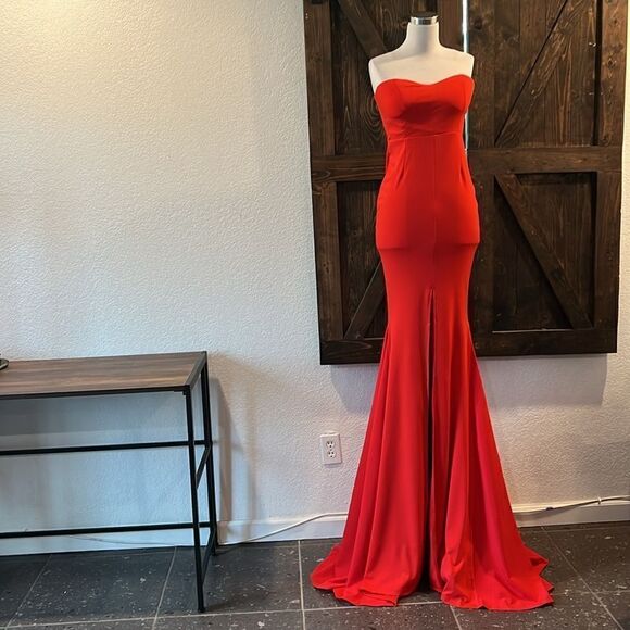 Miss ord Strapless Asymmetric Slit Front Sweetheart Wedding  Red Dress - Picture 5 of 16